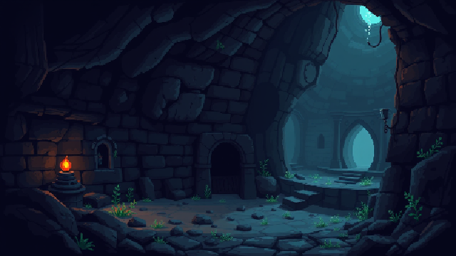 Pixel art dungeon background with stone walls and torchlight, AI-generated game backdrop