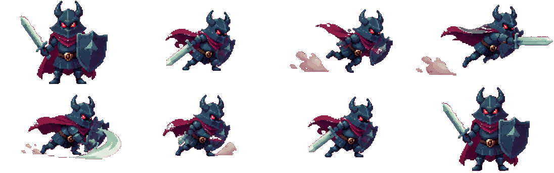 Pixel art hero sprite sheet, single row of evenly spaced transparent PNG frames