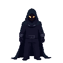 Hooded rogue pixel art character, full-body sprite with transparent background