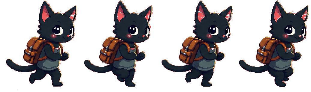 Pixel art cat run-cycle sprite sheet generated from a text prompt