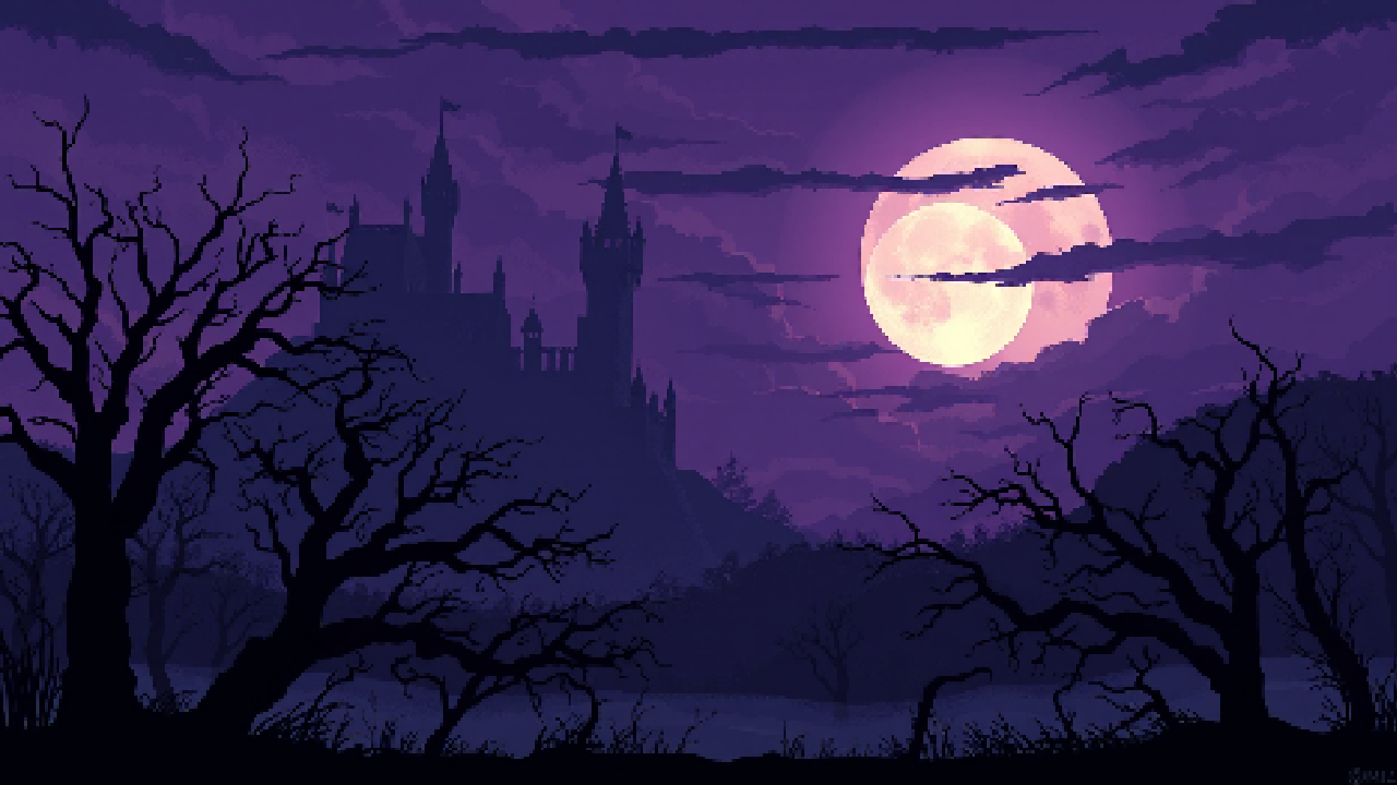 Pixel art night scene background for a 2D game, generated from a text prompt