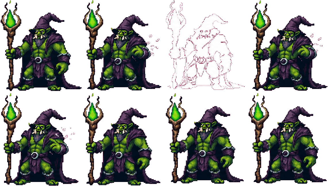 Pixel art orc sprite sheet with equally sized frames for engine slicing
