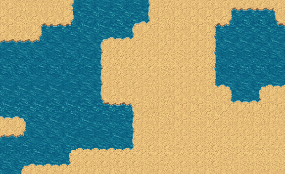 Pixel art beach tileset map: sand shoreline over ocean water, 32 px tiles