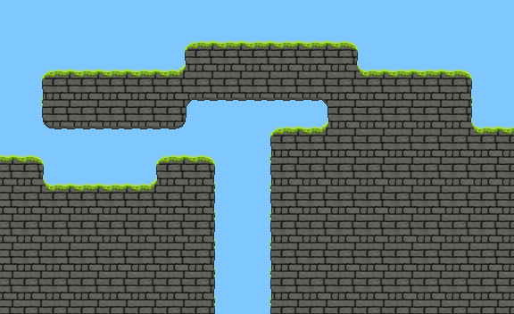 Pixel art side-view platform tileset: stone brick platforms with grass on top