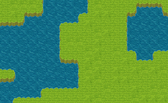 Pixel art terrain tileset map: grass island with a cliff over water, 32 px tiles