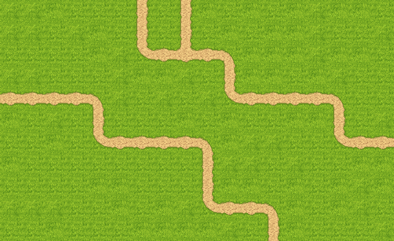 Pixel art path tileset: sandy trail across a grass meadow