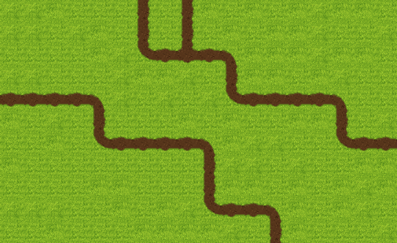 Pixel art path tileset: dirt trail winding across grass with forks